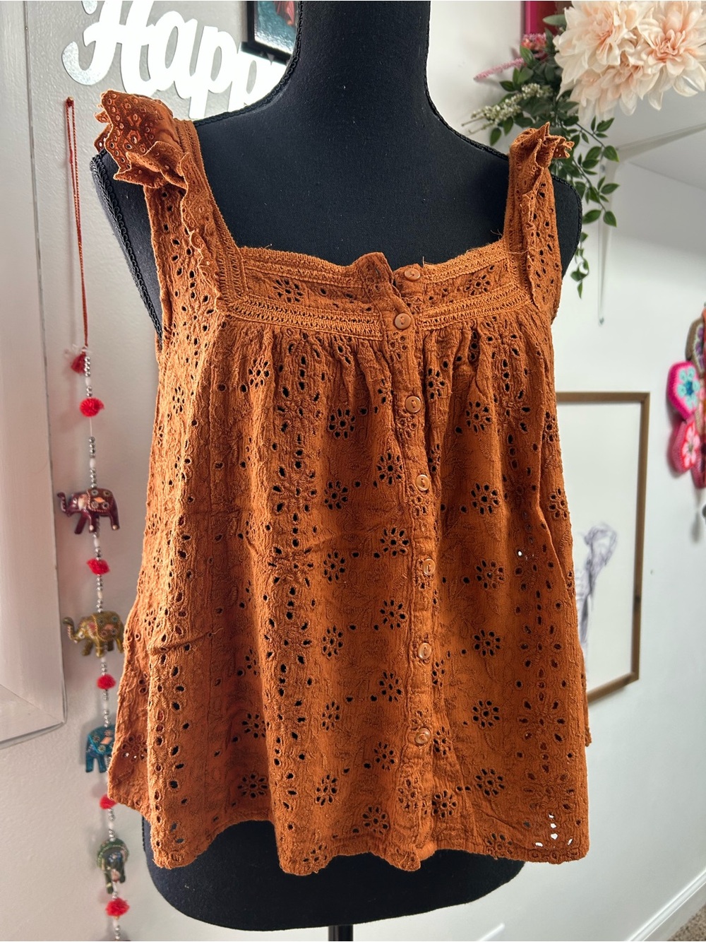 Lucky Brand Rust Eyelet Button-Front Tank with Ruffle Straps